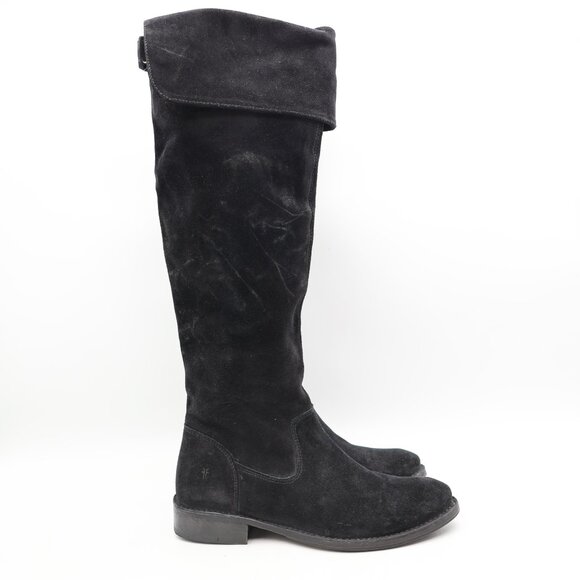 FRYE Shirley Over the Knee Fold Over Women's Size 6 B Zip Boots Black Suede - Picture 1 of 9